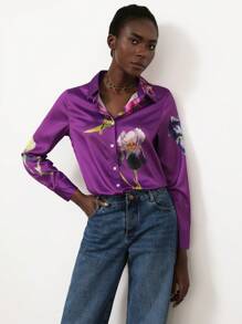 Aveloria Modichic 花卉印花前扣衬衫，女士优雅纽扣长袖衬衫领常规版型常规多色常规袖衬衫女士衬衫，春季/秋季，职业/商务装/工作服 - 彩色 - 查看 5