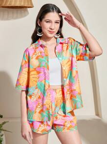 SHEIN Leap Crew 2pcs/Set Teen Girl Tropical Print Loose Shirt & Shorts Set, Spring/Summer, Vacation Style - Multicolor - View 5