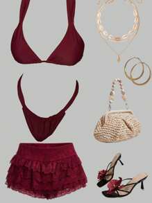 SHEIN ICON Women's Spring Summer Solid Color Burgundy Red Spaghetti Strap Swimwear Top, Vacation Beach - Burgundy - View 2