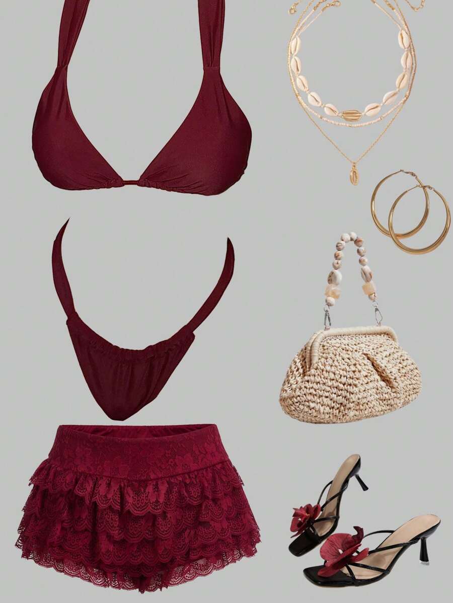 SHEIN ICON Quần bơi nữ màu trơn đỏ tía mùa xuân hè quyến rũ đi biển màu trơn cạp thấp bikini ngày lễ xuân hè - Màu Đỏ Sâu - Xem 1