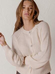 Aralina Relaxed Fit V-Neck Raglan-Style Button Down Cropped Sweater - Beige - View 1