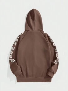 Manfinity Roghcode Men's Letter Print Raglan Sleeve Zip Front Hoodie Sweatshirt - Brown - View 2