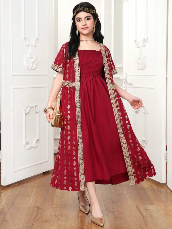 Conjunto de 2 piezas de vestido y chaqueta de manga corta minimalista informal para adolescentes, para uso diario