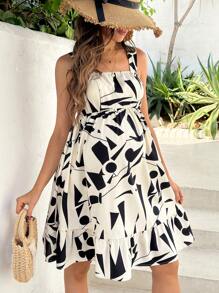 SHEIN 孕妇无袖花卉印花休闲短款连衣裙 - 米色 - 查看 1