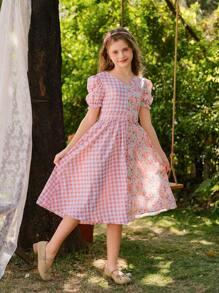 SHEIN Tween Girl Checkered Floral Print Cute Short Puff Sleeve Dress - Pink - View 4