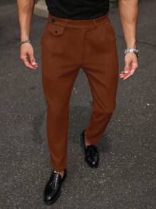 Manfinity Mode Pantalones de traje casuales de pierna recta y bolsillo con botón de unicolor para hombre - Marrón - Ver 8