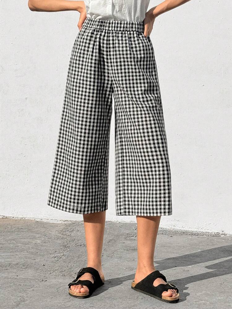 Women's Elastic Waist Plaid Wide Leg Capri Pants