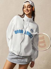 VARSITIE 长袖健身上衣 白色立领长袖宽松休闲字母印花拉链羊毛连帽衫 - 白色 - 查看 7