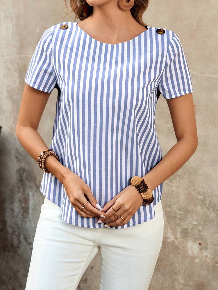 Women's Striped Round Neck Short Sleeve Casual Loose Blouse