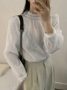 DAZY 女士双层蕾丝优雅精致衬衫，秋装 - 白色 - 查看 8