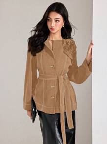 Heiryn Chaqueta casual y elegante hecha a mano, versátil, con decoración floral 3D en bloque de color, adecuada para la oficina y el trayecto - Caqui - Ver 3