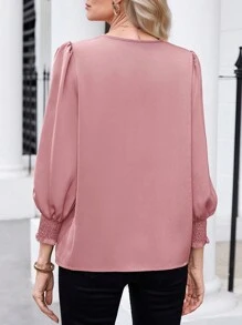 Miaspire Áo cánh tay đèn lồng cổ chữ V màu trơn giản dị cho nữ - Hồng - Xem 2