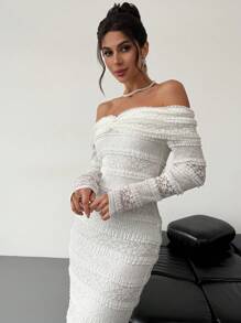 Firerie 女士优雅简约浪漫精致魅力时尚 Ins 风格露肩蕾丝纹理面料长袖紧身白色鸡尾酒礼服适合情人节、约会、日常、派对、秋冬/春季