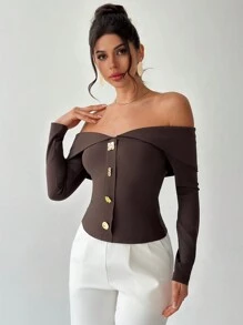 Firerie 女士优雅情人节露肩不对称金属纽扣上衣，不对称纽扣露肩长袖衬衫，适合商务聚会、时尚通勤、海滩度假、复古风格、乡村音乐会着装、办公室着装、通勤、返校季、日常穿着。 - 咖啡棕 - 查看 8