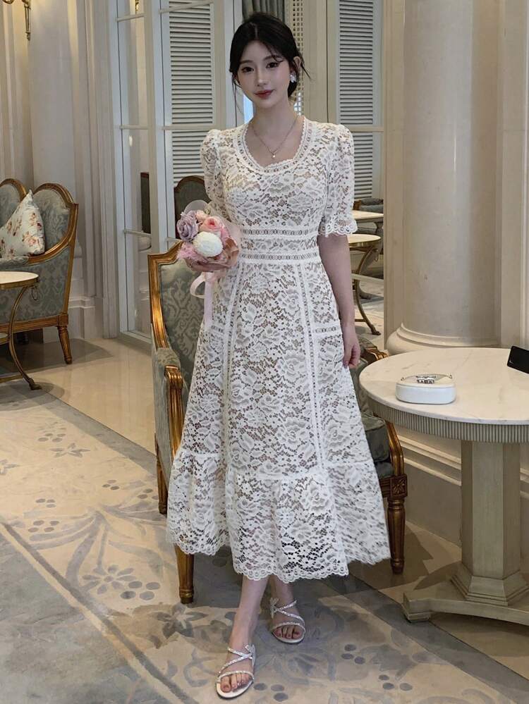 Women's Lace Puff Sleeve Casual Korean-Style Elegant Mid-Length Dress,Ruffle Maxi Dress