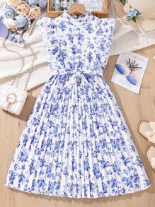 SHEIN Tween Girls' Elegant Floral Print Frill Trim Dress - Baby Blue - View 1