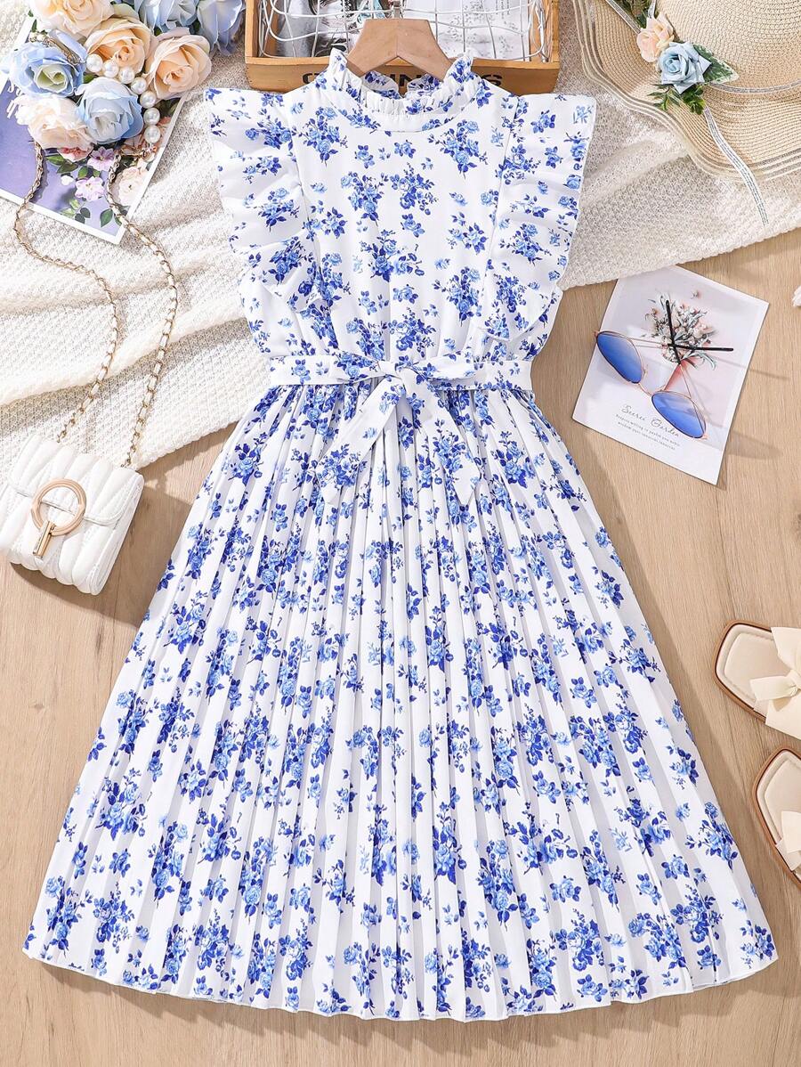 SHEIN Tween Girls' Elegant Floral Print Frill Trim Dress - Baby Blue - View 1