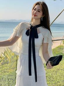 DAZY Women's Color-Block Layered Ribbon Trim Blouse,Ruffle Vacation Outfits Women - White - View 3