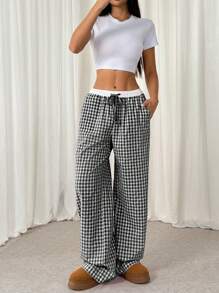 SHEIN Teen Girls' 2 In 1 Waistband Contrast Color Casual Versatile Woven Plaid Wide Leg Pants