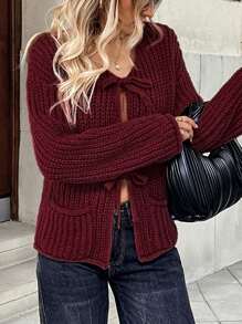 SHEIN LUNE Áo len cardigan cài nút màu trơn cho nữ, Xuân/Hè - Màu Đỏ Sâu - Xem 1