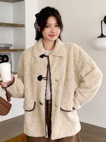 DAZY 女士撞色抓绒外套，秋季女装女式外套 - 米色 - 查看 3