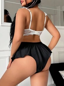 PetitDoll Bộ 2 chiếc áo ngực ren cỡ lớn cho nữ có nơ trang trí & gọng, đồ lót gợi cảm - Đen và trắng - Xem 2