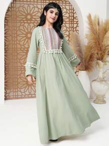 少女纯色长袖简约休闲日常连衣裙 - 綠色 - 查看 3