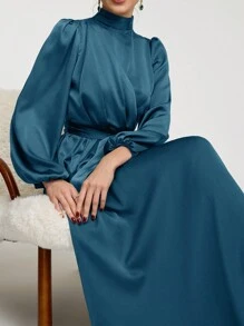 Veilorie 女士纯色立领灯笼袖优雅阿拉伯朴素长袖连衣裙长款晚礼服 - 水鴨藍 - 查看 7