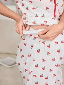 Moonlight&Mama 撞色饰边领口樱桃印花孕妇短袖哺乳睡衣套装 - 彩色 - 查看 5