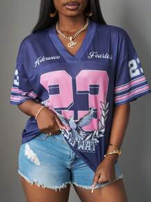 Slaydiva 新款春夏休闲街头V领落肩七分袖23印花条纹海军蓝撞色粉色网眼印花女加大码T恤-B - 藏蓝色 - 查看 1