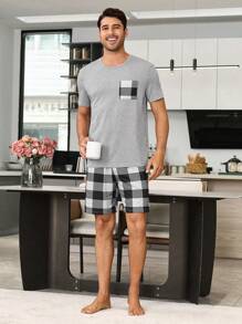 Snug Zone Plaid Print Short Sleeve Shorts Men Pajama Set - Light Grey - View 4