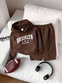 SHEIN Set de 2 piezas con sudadera con capucha y estampado de copos de nieve + pantalón de chándal de cintura elástica de unicolor, adecuado para niño/niña, fiestas de cumpleaños, baby shower, adecuado para otoño/invierno interior y exterior