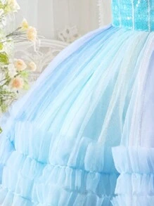 Vestido de niña con mangas abullonadas, estampado de burbujas de malla lujosa, perfecto para ocasiones formales, fiestas de cumpleaños, primavera/verano - Azul - Ver 5