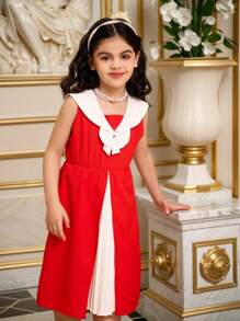 SHEIN Vestido informal suelto con cuello en V y parches de pliegues con decoración de lazo, que resalta la vitalidad juvenil, la inocencia adorable, el estilo personalizado y el entusiasmo dulce, perfecto para uso diario y fiestas, prenda esencial de primavera/verano y regalo de ropa para niñas jóvenes