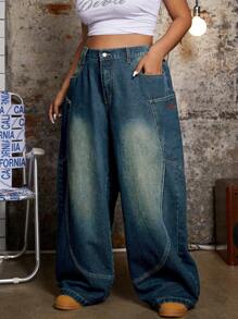 SHEIN ICON Plus Size Women's Pocket Design Wide Leg Loose Casual Denim Jeans - Navy Blue - View 4