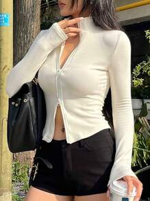 Women's Zip-Up Long Sleeve T-Shirt, Minimalist Fashion Casual Everyday