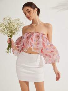 Aveloria Elegant Vacation Refined Versatile Fashion Layered Ruffle Off Shoulder Floral Print Chiffon Blouse For Women, Ideal For Valentine's Day Boho Beach Fashionable Style All Over Print For Summer Spring Fall Autumn