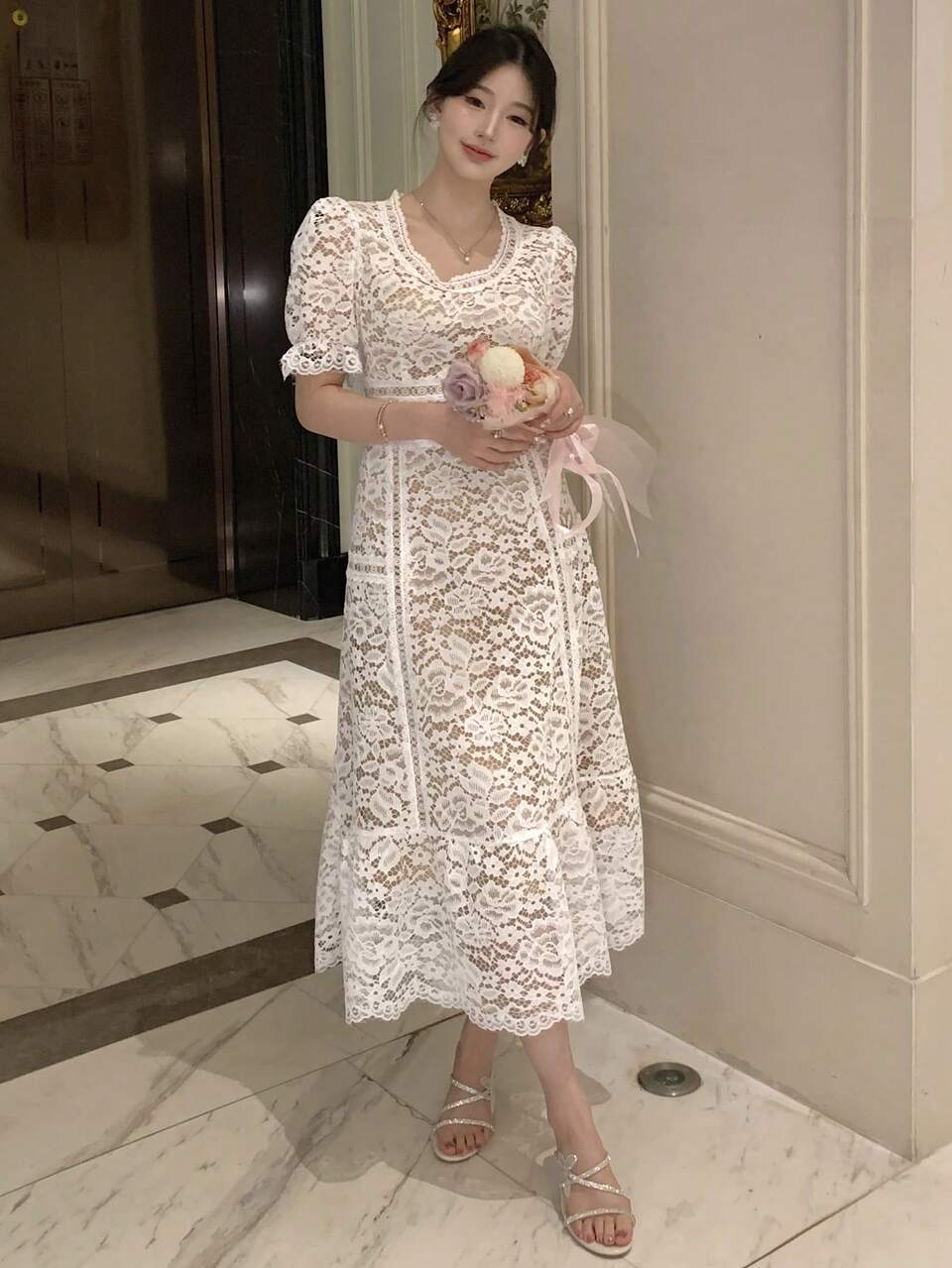 Women's Lace Puff Sleeve Casual Korean-Style Elegant Mid-Length Dress,Ruffle Maxi Dress