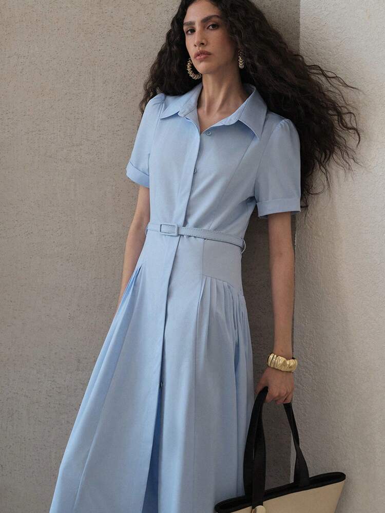 FOLD PLEATED BUTTON UP SHIRT DRESS, BELTED MIDI DRESS, FLARE HEM, ELEGANT STYLE,SPRING/SUMMER