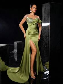 Glamrae 优雅薄荷绿亮面缎面透视长袖花朵贴花高领奢华水钻美人鱼侧高开衩垂坠尾长款晚礼服、婚礼宾客礼服、派对礼服、正式礼服 - 綠色 - 查看 5