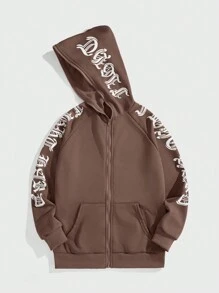 Manfinity Roghcode Men's Letter Print Raglan Sleeve Zip Front Hoodie Sweatshirt - Brown - View 5