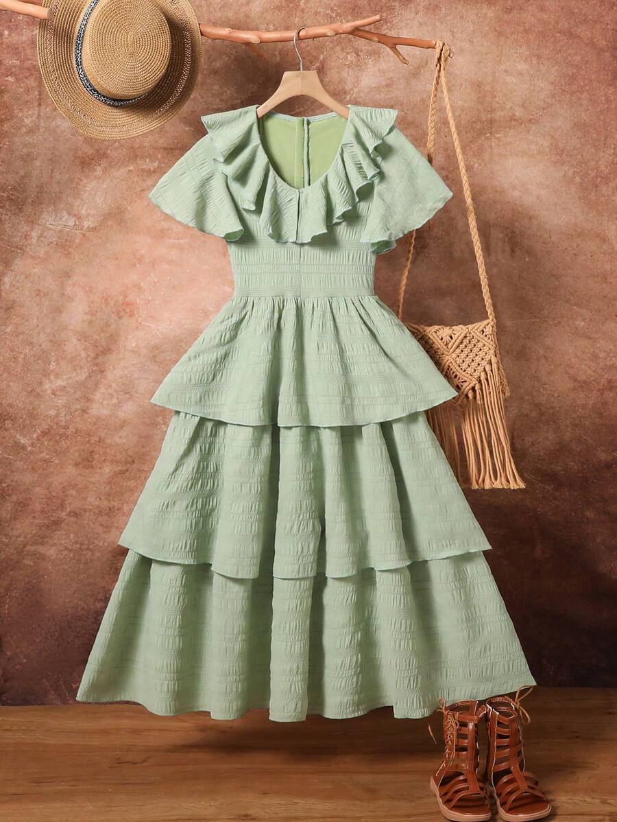SHEIN Tween Girls Wildeya Ruffle Neck & Hem Layered Dress In Grayish Green, Suitable For Outdoor Activities, Daily Theme Events, Vacation, Music Festival Parties And Other Social Occasions