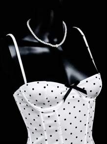 SHEIN ICON 情人节女士夏季服装外出上衣女士不对称罩杯蝴蝶结装饰波尔卡圆点内衣上衣 - 白色 - 查看 2