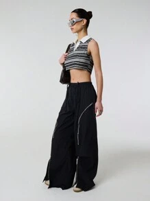 SHEIN Unity 休闲 Polo 领无袖短款条纹星星刺绣背心 - 黑與白 - 查看 7
