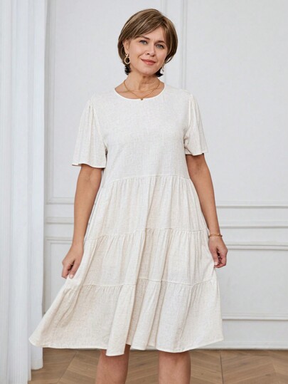 SHEIN LUNE Vestido corto de mujer de cuello redondo con volantes en el bajo y unicolor