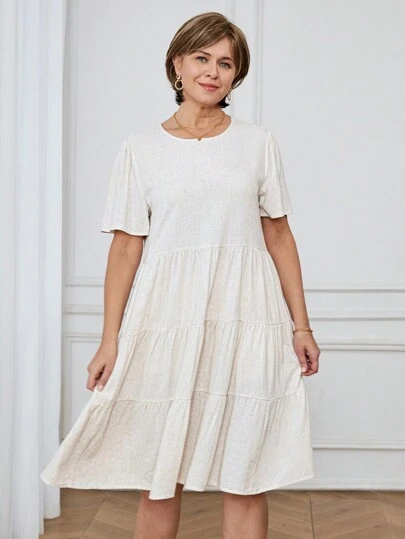 SHEIN LUNE Women's Solid Color Round Neck Ruffle Hem Short Dress