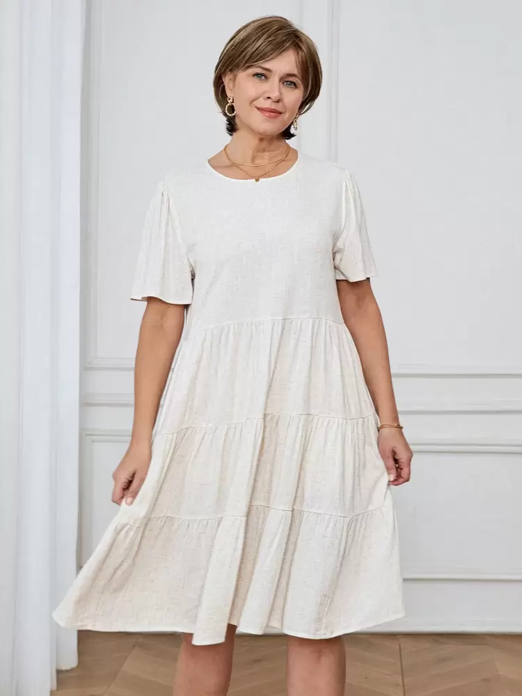 Women's Solid Color Round Neck Ruffle Hem Short Dress