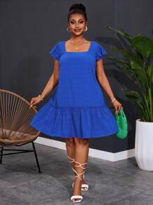 Slaydiva Women Plus Size Square Neckline Cap Sleeve Casual Work Vacation A-Line Dress