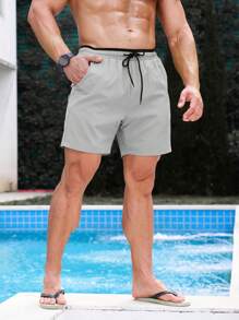 Manfinity Swimmode Pantaloni scurți casual simpli pentru bărbați, cu imprimeu petice, cu legături în față, potriviți pentru timpul liber și vacanță, stil hawaian