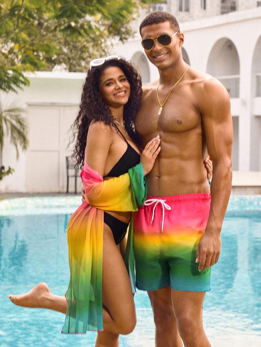 Manfinity VDAYZ Gradient Color Print Men's Drawstring Waist Beach Shorts Couple Boyfriend Men Swim Trunks - Multicolor - View 1